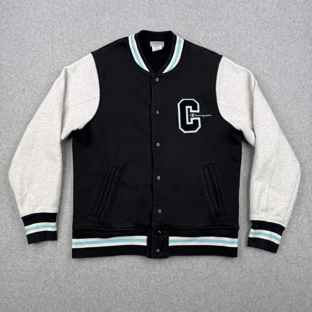 Champion Jacket Mens Medium‎ Black Reverse Weave Varsity Warm Up Letterman Patch